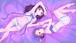  armpits barefoot black_hair bloomers brown_hair chitanda_eru feihong from_above highres holding_hands hyouka ibara_mayaka long_hair long_legs lying madoromi_no_yakusoku midriff multiple_girls navel on_back on_side purple_eyes rotational_symmetry short_hair underwear 