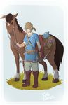  blue_eyes bow_(weapon) brown_hair epona gloves highres horse king_zombie link long_hair male_focus pointy_ears ponytail solo the_legend_of_zelda the_legend_of_zelda:_breath_of_the_wild weapon 