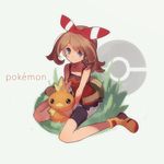  bad_id bad_pixiv_id bike_shorts blue_eyes brown_hair copyright_name fanny_pack gen_3_pokemon grin hair_ribbon hajime_(hajime-ill-1st) haruka_(pokemon) looking_at_viewer on_grass poke_ball_theme pokemon pokemon_(creature) pokemon_(game) pokemon_oras ribbon shirt sitting sleeveless sleeveless_shirt smile solo_focus torchic wariza 