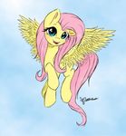  altohearts equine female feral fluttershy_(mlp) flying friendship_is_magic fur hair horse long_hair looking_at_viewer mammal my_little_pony open_mouth outside pegasus pink_hair pony solo teal_eyes wings yellow_fur 