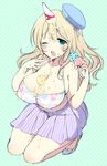  alternate_costume atago_(kantai_collection) blonde_hair blush breasts cleavage food full_body green_eyes hat ice_cream kantai_collection large_breasts long_hair messy mozuya_murasaki one_eye_closed open_mouth solo tears 