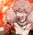  1boy abs alternate_costume bakugou_katsuki bead_necklace beads boku_no_hero_academia brown_hair embers fire fur_trim glowing jewelry magatama necklace no_shirt open_mouth red_eyes short_hair smile solo sparks spiked_hair toned toned_male upper_body zuizi 