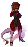  breasts brown_hair claws cleavage clothed clothing digitigrade dragon female fur hair hair_over_eye high_heels looking_at_viewer plain_background skimpy solo standing tail_tuft toe_claws tuft whiskers white_background 