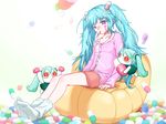  aimaina bloodtea blue_hair hatsune_miku highres long_hair pill pink_eyes sitting slow_motion_(vocaloid) socks solo thermometer twintails very_long_hair vocaloid 