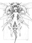  bestiality blush border breasts bug collarbone full_body graphite_(medium) greyscale harumachi_nagaaki highres insect monochrome monster navel nipples nude original pussy sex short_hair small_breasts sweat tail traditional_media vaginal wings 