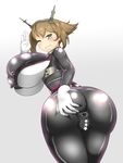  1girl anus ass bodysuit breasts brown_hair bursting_breasts censored female gigantic_breasts gloves hair_ornament hand_on_ass kantai_collection mutsu_(kantai_collection) nipples pussy rahab see-through shiny short_hair smile solo spread_anus thighs wink 