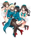  4girls amanogami_dai ass atago_(kantai_collection) bangs beret black_gloves black_hair black_legwear blonde_hair blue_eyes blue_footwear blush breasts brown_gloves brown_hair choukai_(kantai_collection) cleavage collarbone fur_collar garter_straps glasses gloves green_eyes hair_between_eyes hair_ornament hairclip hand_holding hat hat_ribbon headgear high_heels highres jacket kantai_collection kneehighs large_breasts long_hair looking_at_viewer maya_(kantai_collection) medium_breasts midriff military military_uniform miniskirt multiple_girls navel open_clothes open_mouth open_skirt pantyhose pencil_skirt pleated_skirt red_eyes red_footwear red_ribbon remodel_(kantai_collection) ribbon rimless_eyewear school_uniform serafuku short_hair siblings sidelocks simple_background sisters skirt sleeveless smile stomach takao_(kantai_collection) taut_clothes thighhighs uniform white_background x_hair_ornament 