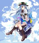  blue_hair boots cross-laced_footwear food fruit gorilla_(bun0615) hat highres hinanawi_tenshi keystone lace-up_boots long_hair open_mouth peach red_eyes ribbon short_sleeves sky solo touhou very_long_hair 