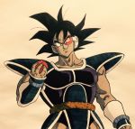  1boy arm_at_side armor black_eyes black_hair dark_skin dragon_ball evil_smile fingernails food fruit highres holding holding_food lee_(dragon_garou) looking_away male_focus muscle scouter shaded_face short_hair simple_background smile spiked_hair tail tullece upper_body wristband 
