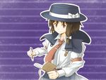  belt book bow brown_eyes brown_hair capelet hair_bow hat hat_bow looking_at_viewer necktie notebook pen purple_background ribbon shirt short_hair skirt smile solo touhou unagi_sango usami_renko white_bow 