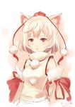  animal_ears bad_id bad_pixiv_id bare_shoulders breasts bzerox detached_sleeves hat highres inubashiri_momiji looking_at_viewer open_mouth pom_pom_(clothes) red_eyes ribbon short_hair signature silver_hair small_breasts solo tokin_hat touhou wolf_ears 