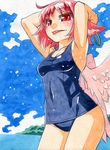  ahoge animal_ears armpits arms_up breasts earrings jewelry kawachi_koorogi marker_(medium) mystia_lorelei one-piece_swimsuit red_eyes red_hair school_swimsuit short_hair single_earring small_breasts smile solo swimsuit tongue touhou traditional_media wings 