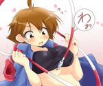  ahoge blush breasts brown_eyes brown_hair fishing_hook fishing_line large_breasts miyamaru short_hair solo sweatdrop umihara_kawase umihara_kawase_(character) underboob wardrobe_malfunction 