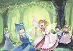 bad_id bad_pixiv_id black_hair blonde_hair blue_eyes blue_hair blush bow cirno daiyousei dress drill_hair fang forest green_hair grin hair_bow hakurei_reimu hat heiya long_hair luna_child multiple_girls nature open_mouth pointing red_eyes ribbon shaded_face short_hair side_ponytail sitting smile star_sapphire sunny_milk touhou twintails wings 
