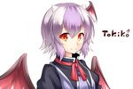  bird_wings character_name head_wings highres horns looking_at_viewer multicolored_hair nogisaka_kushio orange_eyes purple_hair red_wings silver_hair simple_background single_head_wing smile solo tokiko_(touhou) touhou two-tone_hair upper_body white_background wings 