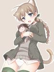  animal_ears bad_id bad_pixiv_id blue_eyes blush bottomless braid breasts brown_hair character_doll long_hair lynette_bishop medium_breasts miyafuji_yoshika mobu open_mouth panties single_braid smile solo strike_witches striped striped_legwear sweater_vest tail thighhighs underwear world_witches_series 