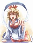  all_fours apron bad_id bad_pixiv_id blonde_hair brown_hair claw_pose hair_ornament highres long_sleeves looking_at_viewer multicolored_hair open_mouth shawl shirt skirt solo streaked_hair toramaru_shou touhou waist_apron wendell yellow_eyes 