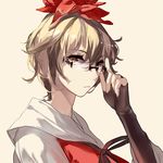  adjusting_eyewear bespectacled blonde_hair fingerless_gloves glasses gloves hair_ornament hug_(yourhug) looking_at_viewer semi-rimless_eyewear short_hair simple_background solo toramaru_shou touhou yellow_background yellow_eyes 