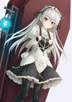  blush butterfly_hair_ornament chaika_trabant coffin dress frills hair_ornament hairband hitsugi_no_chaika kuro_(chrono) lolita_hairband long_hair puffy_sleeves purple_eyes silver_hair solo thighhighs 