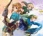  blonde_hair blue_eyes bow_(weapon) earrings gloves hat jewelry link long_hair male_focus multiple_persona pointy_ears ponytail scarf shield super_smash_bros. suzuno_(kazahanasu) sword the_legend_of_zelda the_legend_of_zelda:_breath_of_the_wild weapon zelda_musou 