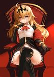  ahoge ascot black_legwear black_rock_shooter blonde_hair blush chair chariot_(black_rock_shooter) crossed_legs dress glint hair_between_eyes headgear highres long_hair looking_at_viewer m-da_s-tarou red_eyes short_dress solo thighhighs thighs 