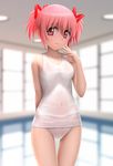  arm_behind_back blush breasts covered_navel hair_between_eyes hair_ribbon highres kaname_madoka looking_at_viewer mahou_shoujo_madoka_magica one-piece_swimsuit pink_eyes pink_hair pool ribbon school_swimsuit see-through short_hair short_twintails siraha small_breasts smile solo swimsuit thigh_gap twintails upper_body water white_school_swimsuit white_swimsuit 