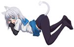  animal_ears ass blue_eyes blush cat_ears cat_tail highres kanase_kanon looking_at_viewer mokke_(mokke99) open_mouth panties panties_under_pantyhose pantyhose saikai_academy_uniform school_uniform short_hair silver_hair solo strike_the_blood tail underwear 