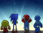  adjusting_clothes adjusting_hat crossover from_behind hat hedgehog highres mario multiple_boys multiple_crossover nishikun overalls pac-man pac-man_(game) robot rockman rockman_(character) rockman_(classic) sonic sonic_the_hedgehog super_smash_bros. 