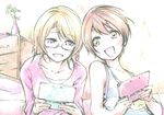  bare_shoulders blush brown_eyes brown_hair chado glasses handheld_game_console hoshizora_rin koizumi_hanayo love_live! love_live!_school_idol_project multiple_girls nintendo_3ds open_mouth orange_hair purple_eyes short_hair smile 