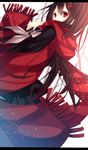  black_hair dutch_angle hair_ornament hairclip kagerou_project long_hair looking_at_viewer looking_back nuira red_eyes red_scarf scarf school_uniform serafuku simple_background solo tateyama_ayano white_background 
