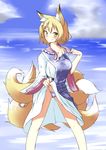  animal_ears bikini bikini_under_clothes blonde_hair blue_sky blush breasts cameltoe cloud collarbone day dress dress_lift fox_ears fox_tail frilled_shirt_collar frills highres kitsunetsu_(rcu_be1s) large_breasts legs long_sleeves looking_at_viewer multiple_tails off_shoulder seaside short_hair sky smile solo swimsuit swimsuit_under_clothes tabard tail touhou undressing wide_sleeves yakumo_ran yellow_eyes 
