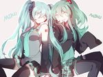  aqua_eyes aqua_hair bad_id bad_pixiv_id dual_persona hatsune_miku headset jacket long_hair long_sleeves multiple_girls necktie shouen_kigashi sitting smile twintails vocaloid 