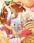  &gt;_&lt; :d :i arms_up blonde_hair blush brown_eyes brown_hair closed_eyes eating food fruit hidamari_sketch highres hug in_food long_hair looking_at_viewer macaron matsuri_(hidamari_sketch) minigirl miyako multiple_girls one_eye_closed open_mouth oversized_object pie red_eyes school_uniform short_hair silver_hair skirt smile strawberry yume_no_owari yuno 