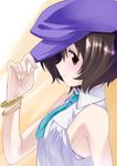  adjusting_clothes adjusting_hat akiyama_yukari blouse blush bra bracelet brown_eyes brown_hair cabbie_hat casual commentary from_side girls_und_panzer hat hat_tip highres jewelry looking_at_viewer necktie senomoto_hisashi short_hair sleeveless smile solo underwear white_bra 