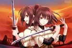  2girls brown_hair hyuuga_(kancolle) ise_(kancolle) kanna_(artist) kantai_collection sword weapon 