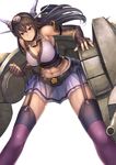  bare_shoulders black_hair breasts elbow_gloves fingerless_gloves gloves hairband headgear highres kantai_collection koruse large_breasts long_hair midriff miniskirt nagato_(kantai_collection) red_eyes skirt solo thighhighs toned zettai_ryouiki 