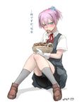  bike_shorts blue_eyes blush chocolate_chip_cookie commentary cookie didloaded food full_body gloves grey_legwear hair_ornament kantai_collection looking_at_viewer neck_ribbon pink_hair ponytail red_ribbon ribbon school_uniform shiranui_(kantai_collection) short_hair shorts shorts_under_skirt skirt socks solo translated white_gloves 