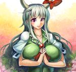  :d artist_name ascot bow breasts collarbone colored_eyelashes dress ex-keine green_dress green_hair hands_clasped horn_bow horns huge_breasts impossible_clothes impossible_dress interlocked_fingers kamishirasawa_keine long_hair looking_at_viewer open_mouth own_hands_together puffy_sleeves red_eyes short_sleeves signature smile solo touhou umigarasu_(kitsune1963) upper_body 