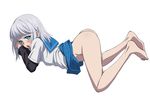  ass blue_eyes blush highres kanase_kanon looking_at_viewer mokke_(mokke99) no_panties open_mouth saikai_academy_uniform school_uniform serafuku short_hair silver_hair solo strike_the_blood 