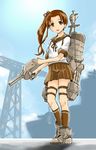  antennae ayanami_(kantai_collection) backpack bag brown_hair brown_legwear brown_skirt cannon from_below full_body kantai_collection kneehighs machinery open_mouth pleated_skirt sailor_collar shirt short_sleeves side_ponytail skirt solo standing thigh_strap tsuwabuki-san turret white_shirt 
