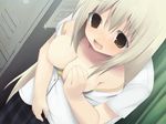  1girl artist blonde_hair breast_grab breasts grabbing long_hair medium_breasts natsumero nipples open_clothes open_shirt shiro_(octet) shirt solo_focus source_request 