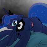  back_turned bedroom_eyes blue_fur blue_hair blush clitoral_winking clitoris crown cutie_mark equine feathers female friendship_is_magic fur hair hooves horn horse ihavnoname looking_at_viewer looking_back lying mammal my_little_pony on_bed one_eye_closed pony presenting princess_luna_(mlp) pussy pussy_juice raised_tail smile solo spread_legs spreading teal_eyes wet_pussy winged_unicorn wings wink 