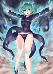  1girl :o aura bare_legs black_dress black_panties blue_eyes cameltoe curly_hair dress flat_chest flying green_hair impossible_clothes impossible_dress long_sleeves okiyumi_kase one-punch_man onepunch_man panties pantyshot psychic shoes short_hair small_breasts solo tatsumaki underwear upskirt wind_lift 