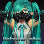  aqua_eyes aqua_hair armpits arms_up bad_id bad_pixiv_id character_name detached_sleeves gas_mask gradient gradient_background hatsune_miku inja long_hair looking_at_viewer necktie solo twintails upper_body very_long_hair vocaloid 