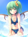  bikini breasts cleavage daiyousei from_below green_eyes green_hair komimiyako leaning_forward looking_at_viewer medium_breasts short_hair side_ponytail smile swimsuit touhou water wings 