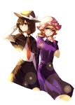  belt blonde_hair blue_eyes braid brown_hair capelet dress hand_in_hair hat highres hug_(yourhug) long_sleeves looking_at_viewer maribel_hearn mob_cap multiple_girls neckerchief purple_dress shirt short_hair single_braid skirt smile touhou usami_renko 