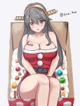  1girl bare_shoulders belt black_hair blush box breasts brown_eyes cleavage eyebrows_visible_through_hair hair_ornament hairclip haruna_(kantai_collection) headgear highres in_box in_container kantai_collection large_breasts long_hair looking_at_viewer lying on_back santa_costume saplus solo twitter_username 