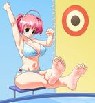  absurdres ahoge arm_up armpits barefoot bikini blush bow breasts cleavage clenched_hands covered_nipples crossed_legs dunk_tank feet frilled_bikini frills green_eyes hair_bow hayase_manami highres huge_ahoge jewelry kairuhentai kamikaze_explorer! large_breasts navel pink_hair plaid plaid_bikini short_twintails sitting soles solo source_request strap_gap swimsuit target toe_ring toe_scrunch toenail_polish toenails toes twintails underboob wet 