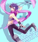  :q bola_(weapon) boots character_name crop_top fingerless_gloves gloves headband jojo_no_kimyou_na_bouken joseph_joestar_(young) male_focus midriff purple_eyes purple_hair pzqblue scarf solo tongue tongue_out 