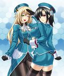  ;d atago_(kantai_collection) black_gloves black_hair black_legwear blonde_hair blush breasts gloves green_eyes grid hat highres kantai_collection large_breasts long_hair looking_at_viewer military military_uniform multiple_girls one_eye_closed open_mouth pantyhose pantylines red_eyes salute shirokuma_a short_hair skindentation skirt smile takao_(kantai_collection) thighhighs uniform zettai_ryouiki 